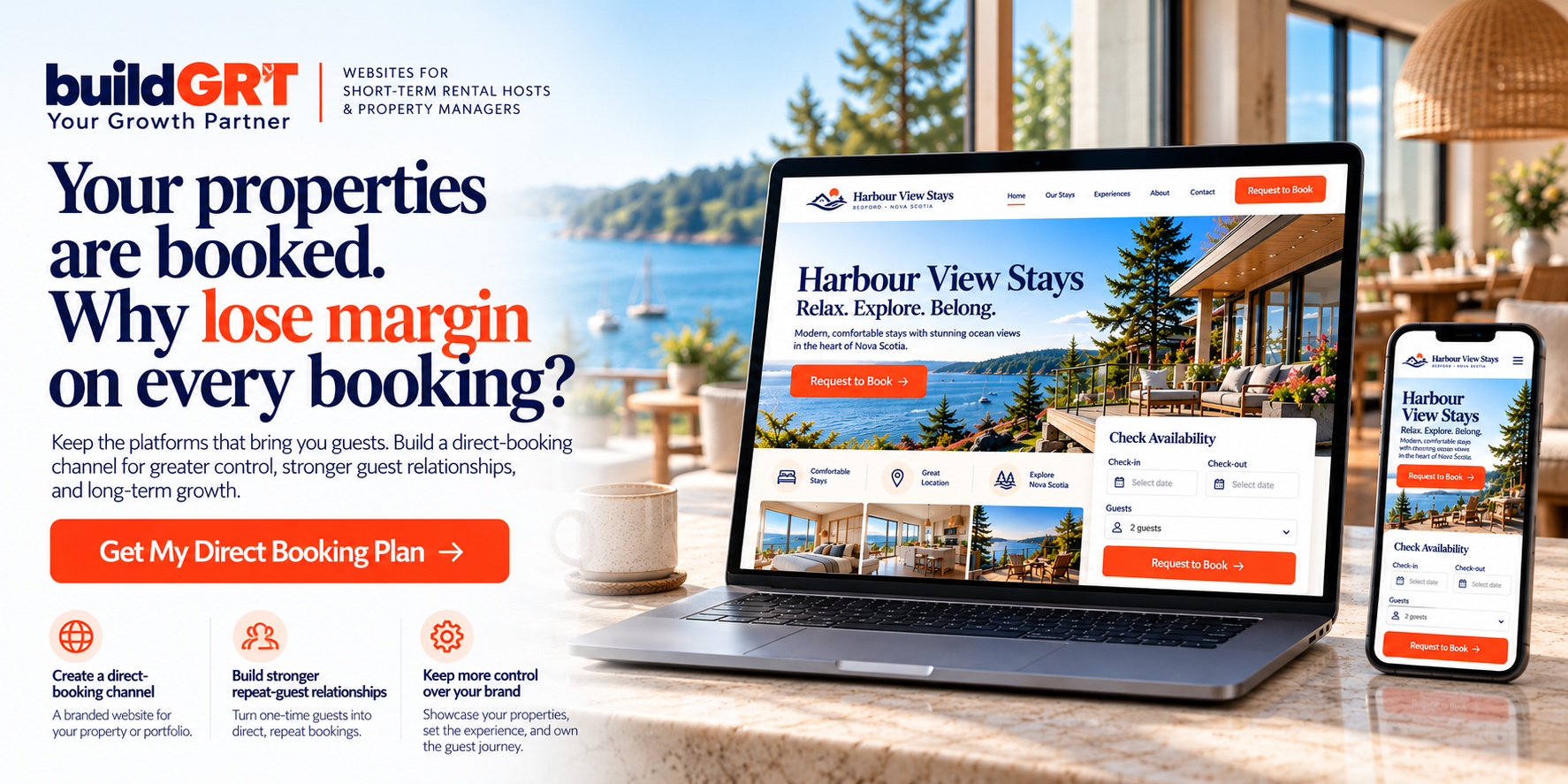 Example direct-booking website for a fictional coastal rental, shown on laptop and phone